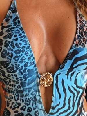 One-piece swimsuit animal print with halter and gold detail, new
