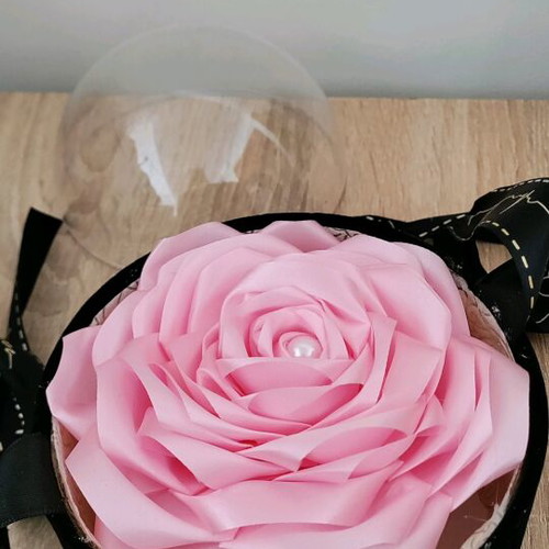 Handmade rose in dome new, satin ribbon in velvet box