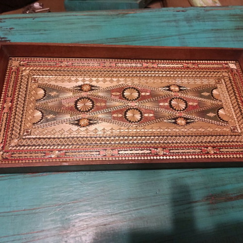 Marquetry tray used, wooden, 45 cm length