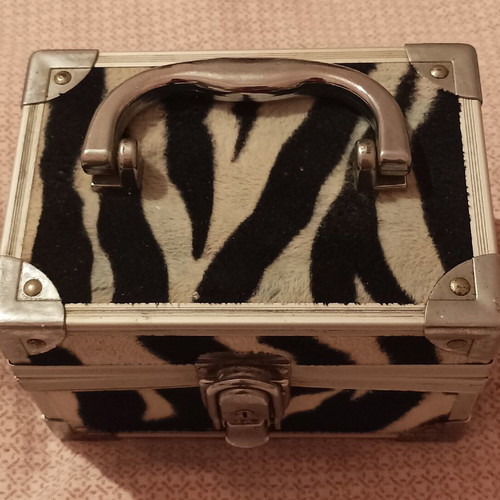 Metal case for jewelry or cosmetics used, with mirror, white and black