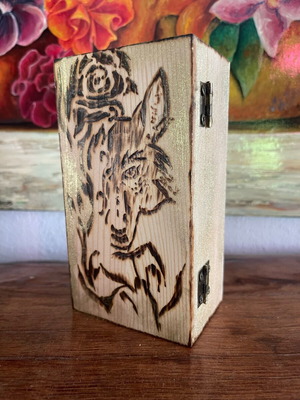 Wooden box with pyrography and gold dust, new