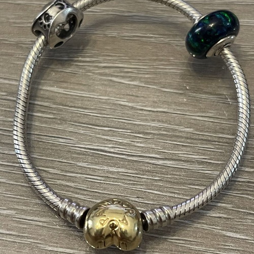 Pandora bracelet 925 silver with gold-plated clasp and two charms, used, 17 cm