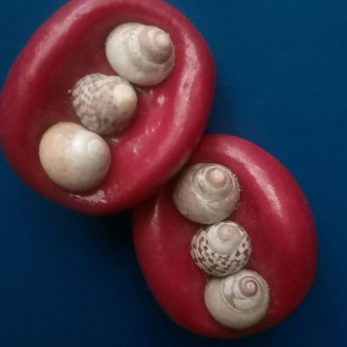Vintage handmade polymer clay earrings used, red with shells