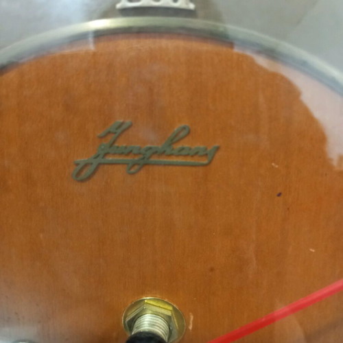 Wooden vintage table clock used, battery operated and functional