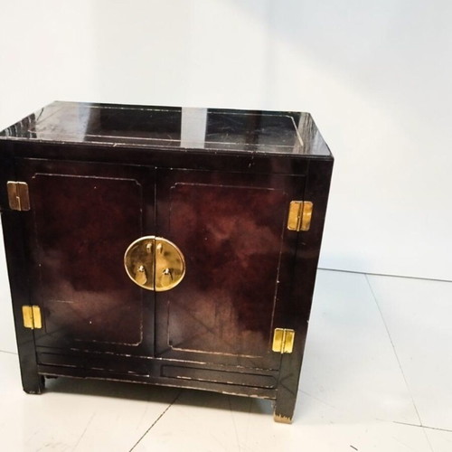 Chinoiserie cabinet used, mahogany and burl, 1980s vintage