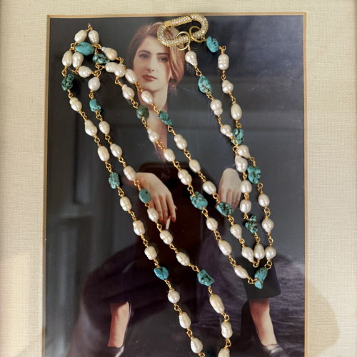 Handmade necklace with pearls, turquoise, and copper like new