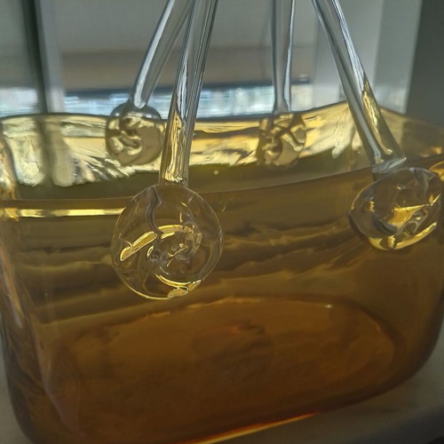 Handbag vase, vintage Italian blown glass, honey color with clear handles