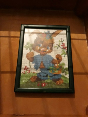 Children's embroidered framed artwork used, green frame