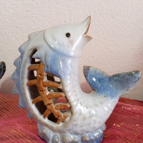 Set of 2 ceramic fish tealight holders new