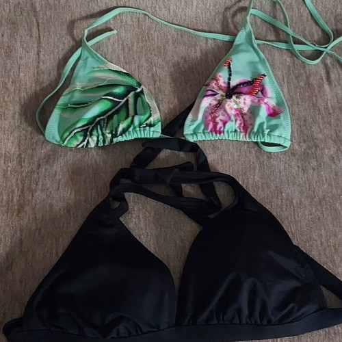 Two bikini top swimsuits used, sizes XL and L, black and multicolor