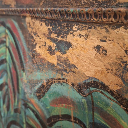Ethnic mixed media painting on wood panel