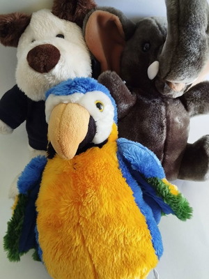 Animal hand puppets used, pack of 3, 32-38 cm