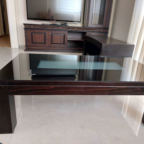 Living room furniture set with leather sofas, coffee table and TV unit