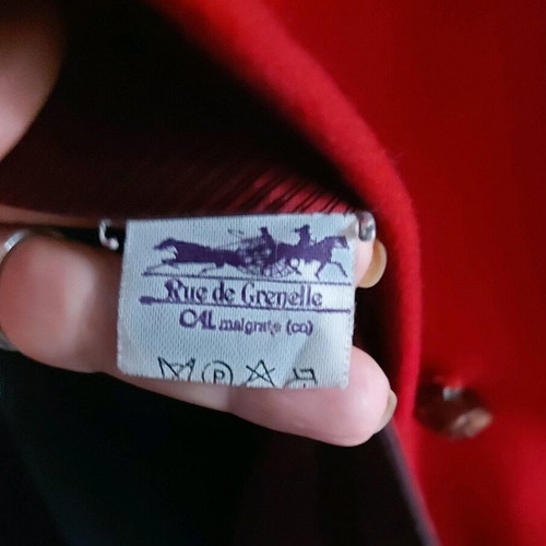 Wool coat Rue de Grenelle with hood and natural fur like new, red XL-XXL
