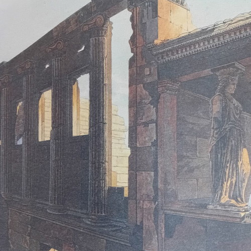 Engraving of Erechtheion used, color print by E. Dodwell