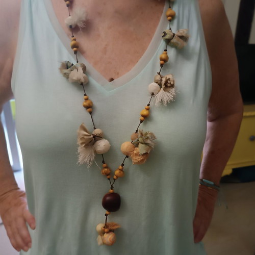 Ethnic necklace from Brazil like new, handmade with seeds and fabric pouches