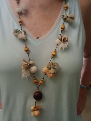 Ethnic necklace from Brazil like new, handmade with seeds and fabric pouches