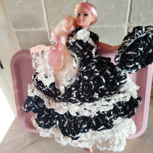 Doll with handmade dress, hat and bag, new