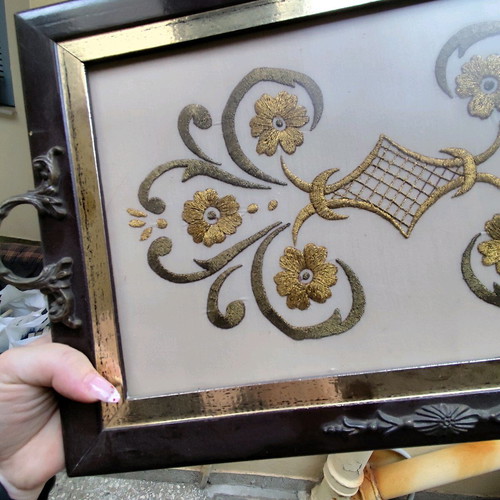 Vintage wooden tray with embroidery used