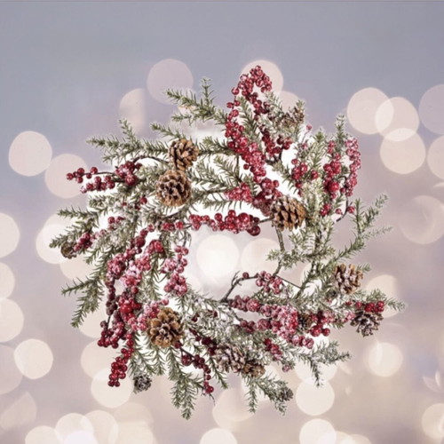 Snowy wreath berries & pinecones 50x50 cm new