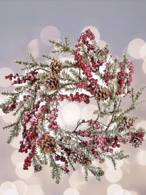 Snowy wreath berries & pinecones 50x50 cm new