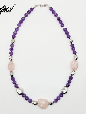 Ασημένιο 925 κολιέ καινούργιο με ροζ χαλαζίες και αμέθυστους 53 εκ