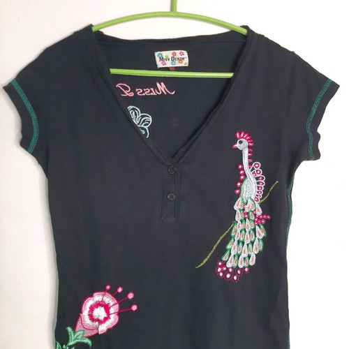 Miss Denim blouse used, black with embroidered designs, size S