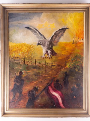Latvian Exile Oil Painting Used, Post-War Baltic Artwork with Inscriptions