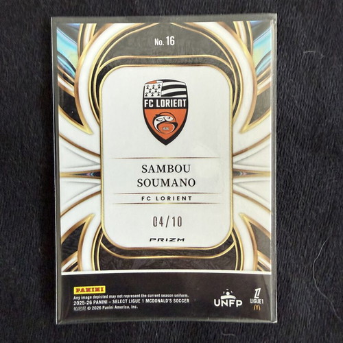 2025-26 Panini Select Ligue 1 Sambou Soumano RC /10 Gold Equalizers FC Lorient card new