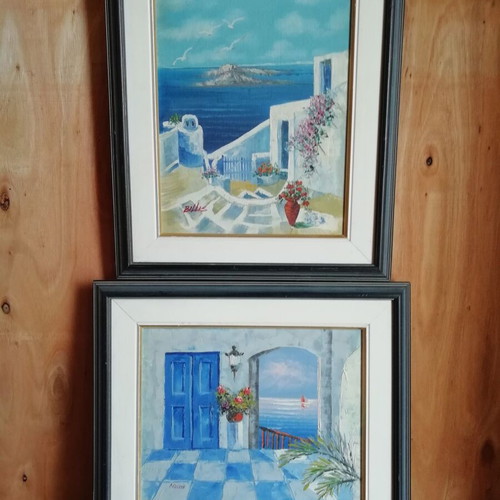 Composition of two oil paintings with Cyclades themes like new