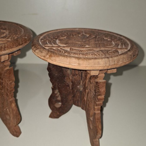Wooden carved tables set of 2 used with folding legs
