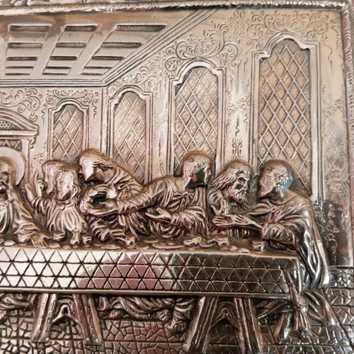 Silver relief Last Supper decoration on wooden base like new