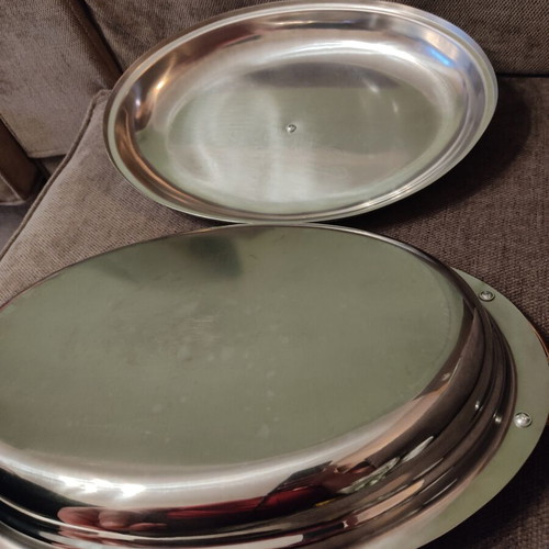 Stainless Steel Serving Platter with Lid used, vintage 90s gold details