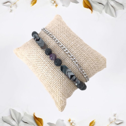Unisex Bracelet Set with Steel Figaro Chain & Black Semi-Precious Stones