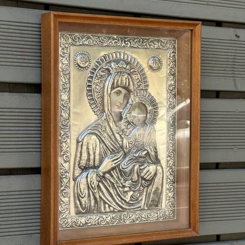 Μεγάλη επιτοίχια εικόνα Παναγίας Οδηγήτριας με το Θείο Βρέφος, ξύλινη κορνίζα