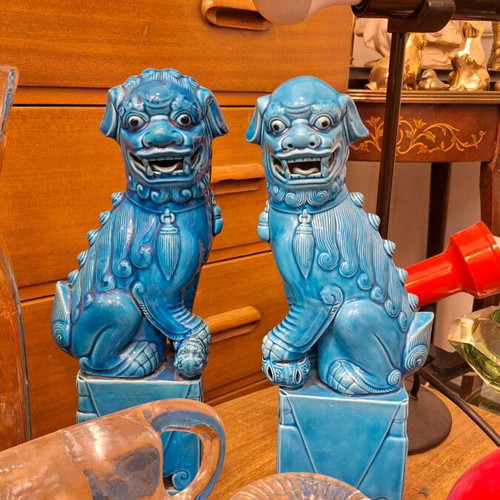 Antique Chinese Turquoise Blue Porcelain Foo Dogs 31 cm, Set of 2