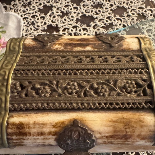 Box from Middle East or India used, iron and brass with bone