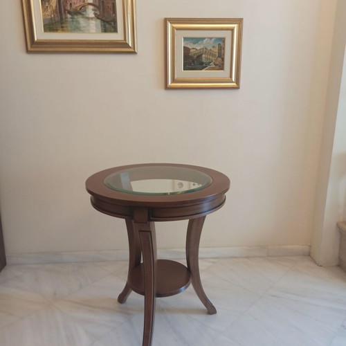 Handmade living room coffee tables, oak with lustro patina, 60.2 cm radius, 72 cm height