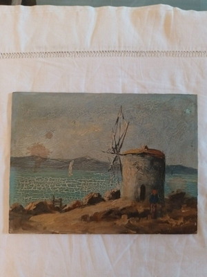Windmill oil painting used on pressed cardboard signed by Karras