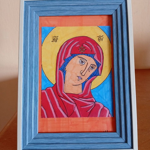 Icon of Panagia 10x15 cm new, handmade with frame