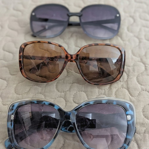 Sunglasses pack of 3, like new, blue zebra, black, and brown zebra