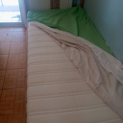 Wooden bed frame with foam mattress and 2 wall storage boxes, IKEA