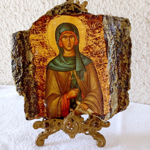 Religious icon on tile with metal easel base