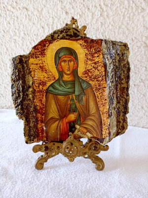 Religious icon on tile with metal easel base