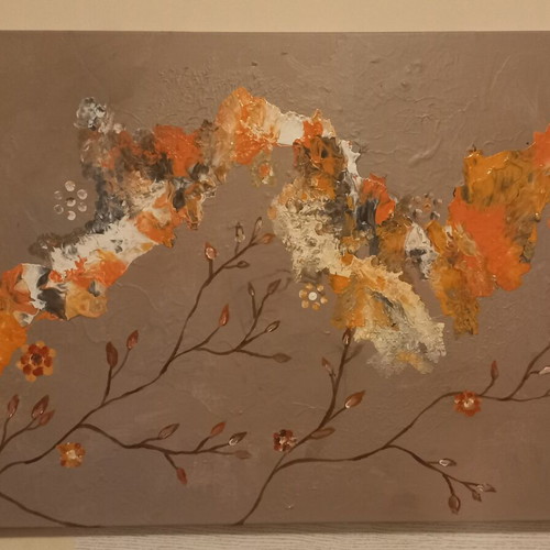 Handmade abstract painting with textured orange and gray tones