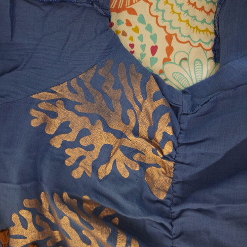 Blue dress with brown tassels like new, cotton, bronze prints
