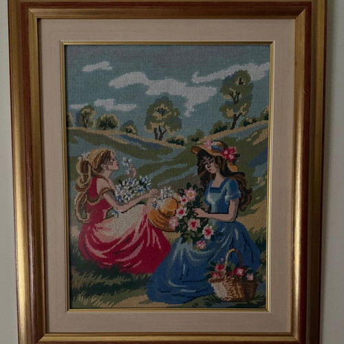 Framed Handmade Cross-Stitch Artwork with Countryside Scene, Like New
