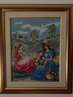 Framed Handmade Cross-Stitch Artwork with Countryside Scene, Like New