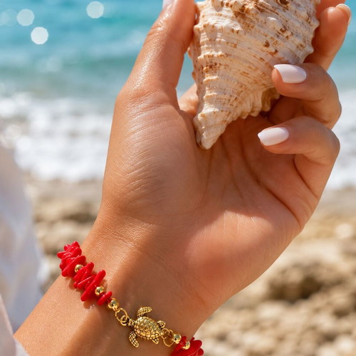 Handmade Bracelet with Semi-Precious Stones Coral and Hematite