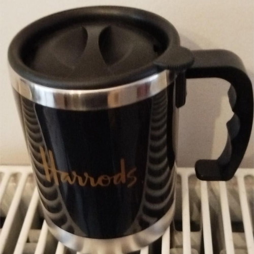 Harrods mug like new with leakproof lid for hot or cold drinks